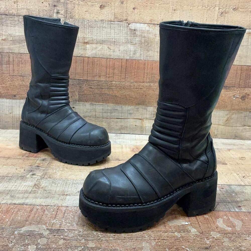 Bed Stu Boots Womens Size 10 Black Leather Platform Mid Calf Zip Lug Sole